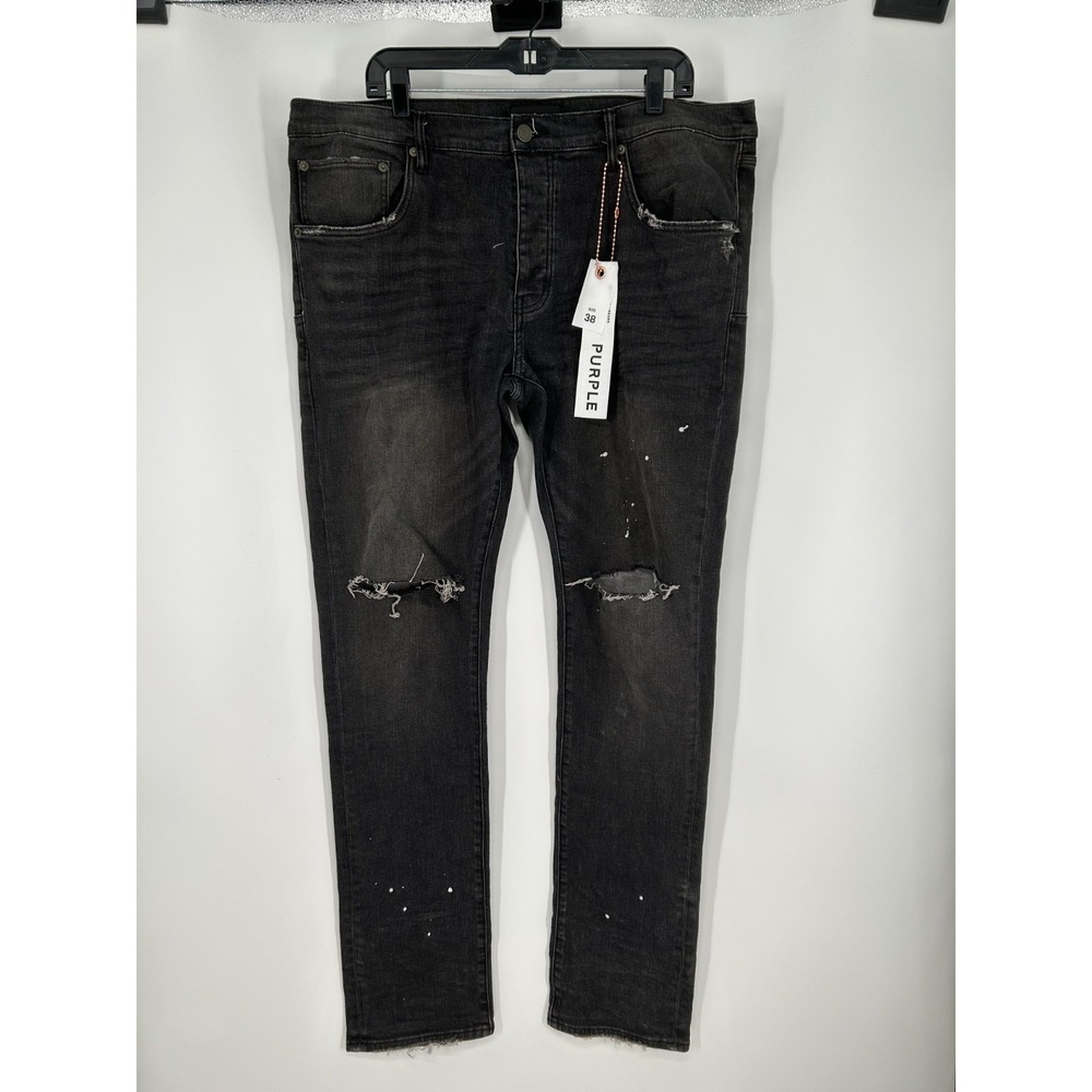 Purple Skinny Jeans Mens 38x34 Black Denim Distressed 5 Pocket Stretch P001